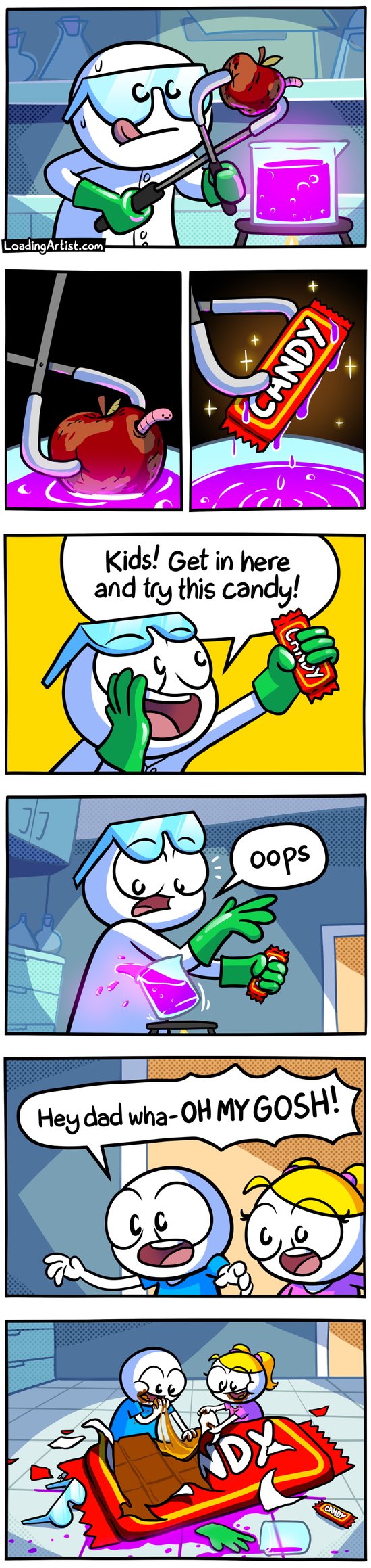 7 panel Loading Artist comic. 1: Scientist is holding a rotten apple in a pair of tongs. 2: He dunks it in a bright purple chemical. 3: The apple turned into a brand new candy bar! 4: Scientist excitedly calls out "Kids! Get in here and try this candy!". 5: The scientist accidentally knocks the jar of purple chemicals "Oops". 6: Kids arrive "Hey dad wha-OH MY GOSH!". 7: Kids are excitedly tearing into the giant candy bar on the floor and eating the chocolate inside with both hands. The scientist's goggles and gloves are next to it.