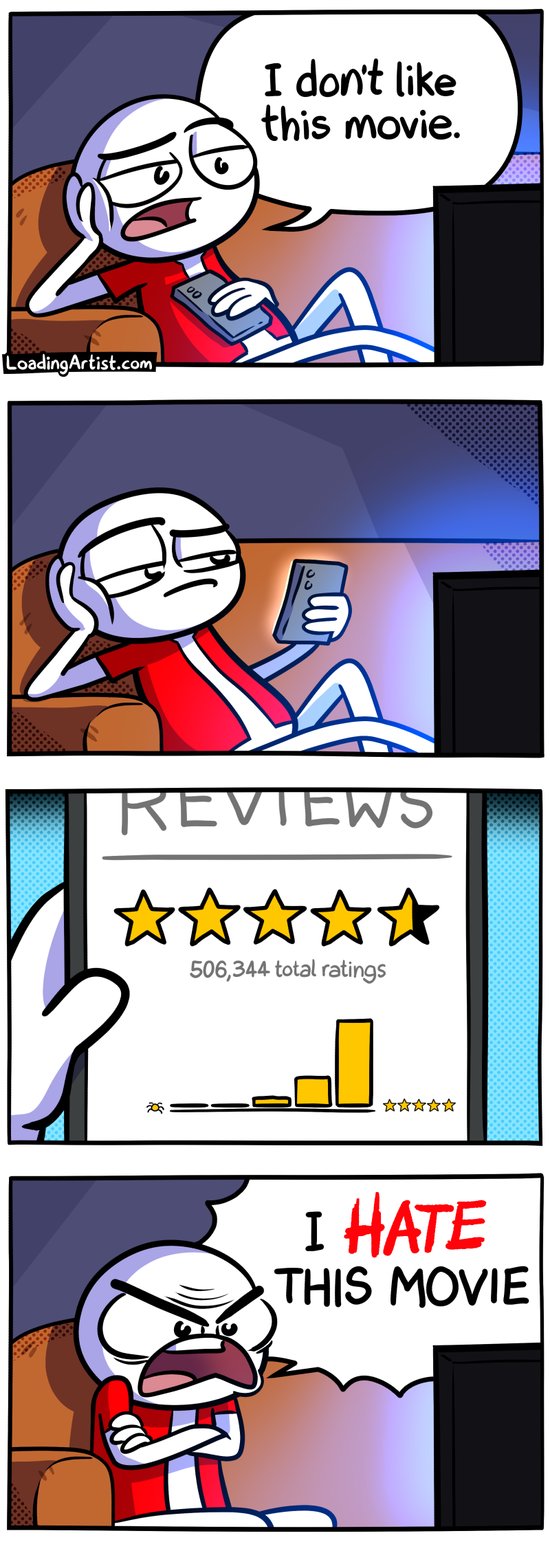 4 panel Loading Artist comic. 1: Guy is bored on couch watching a movie "I don't like this movie." 2: Guy casually checks the movie's reviews on his phone. 3: The movie's rating has an almost perfect rating based on over half a million votes. 4: Guy is now sitting up with his arms crossed and frowning, "I HATE THIS MOVIE"
