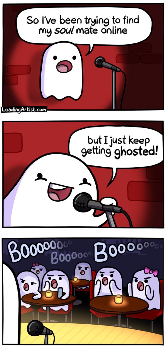 3-panel Loading Artist comic. 1: A ghost performs stand-up, "So I've been trying to find my SOUL mate online..." 2: Clutching the mic with a grin, "but I just keep getting GHOSTED!" 3: The ghost audience groans and shout "BOOOOoooo!" in disappointment.