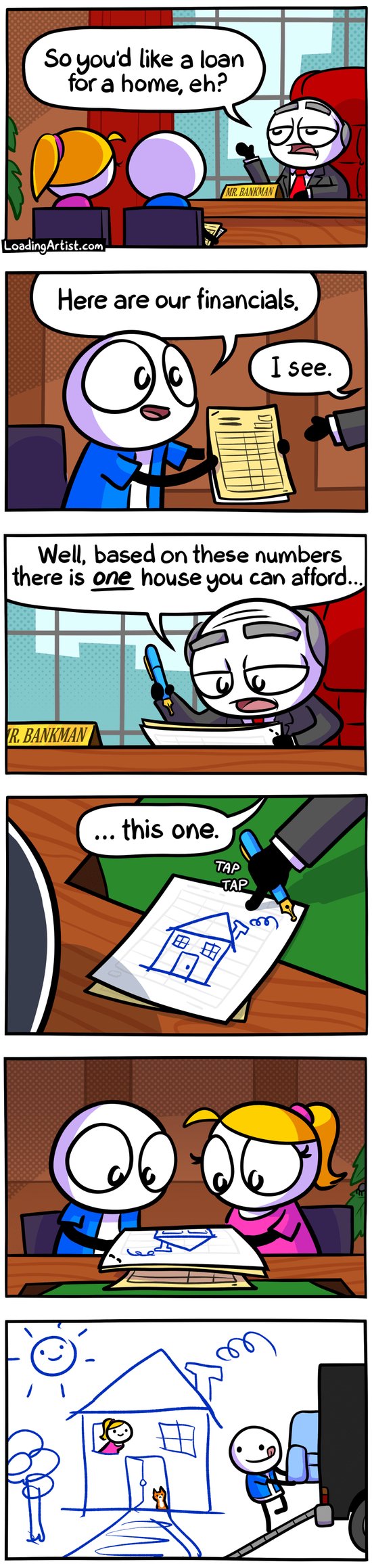 6 panel Loading Artist comic. 1: A couple sits before the banker in his big office. Mr.Bankerman asks "So you'd like a loan for a home, eh?". 2: Blue guy, smiling and hopeful, hands Mr.Bankman staples pieces of paper "Here are our financials.", the banker replies "I see.". 3: The banker reviewing the papers, holding a fountain pen "Well, based on these numbers there is ONE house you can afford...". 4: Mr.Bankerman slides back the papers, on the back he's doodled a house "... this one." he says, tapping on the drawing. 5: The couple hold the paper, staring at it in silence. 6: The couple happily moving in to the doodled house, a white background, a smiling doodle of a sun in the sky, Blue guy is unloading a couch from the moving truck, Pink girl is smiling a window, and their cat is sitting by the front door.